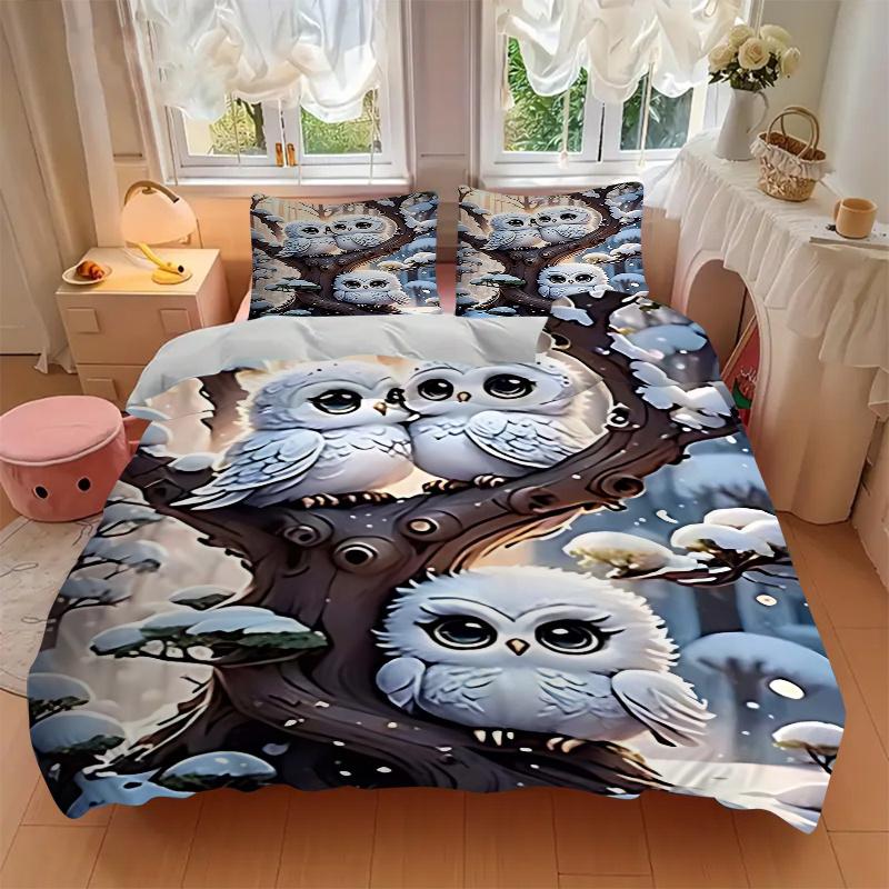 3pcs Anime Owl Comforter Set with One Quilt Cover and Two Pillowcases (No Core) - Festive Gift for Home Decor, Polyester Fabric, Cartoon Design, Suita