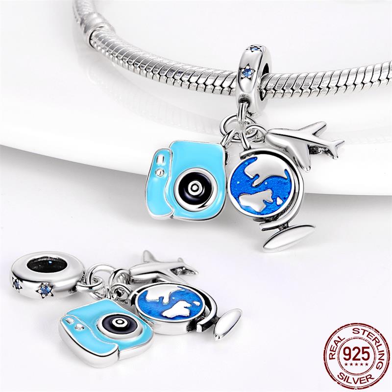 Original SS925 Sterling Silver Blue Travel Earth Camera Charm Fit  Bracelet DIY Pendant Woman Jewelry Hot Sale New In