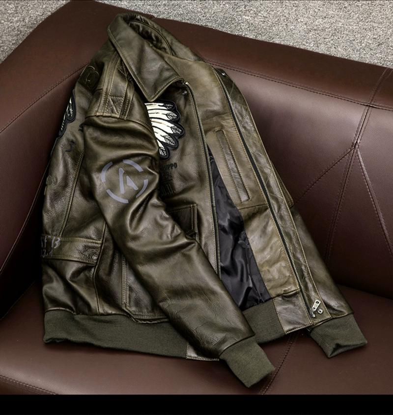 New Biker Jacket Men Genuine Leather Short Coat Horsehide Flight Bomber with Indian Embroidery