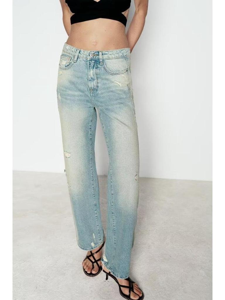 2024 Autumn Women's Distressed Mid-Waist Straight-Leg Jeans - French-Inspired European & American Fashion Trend