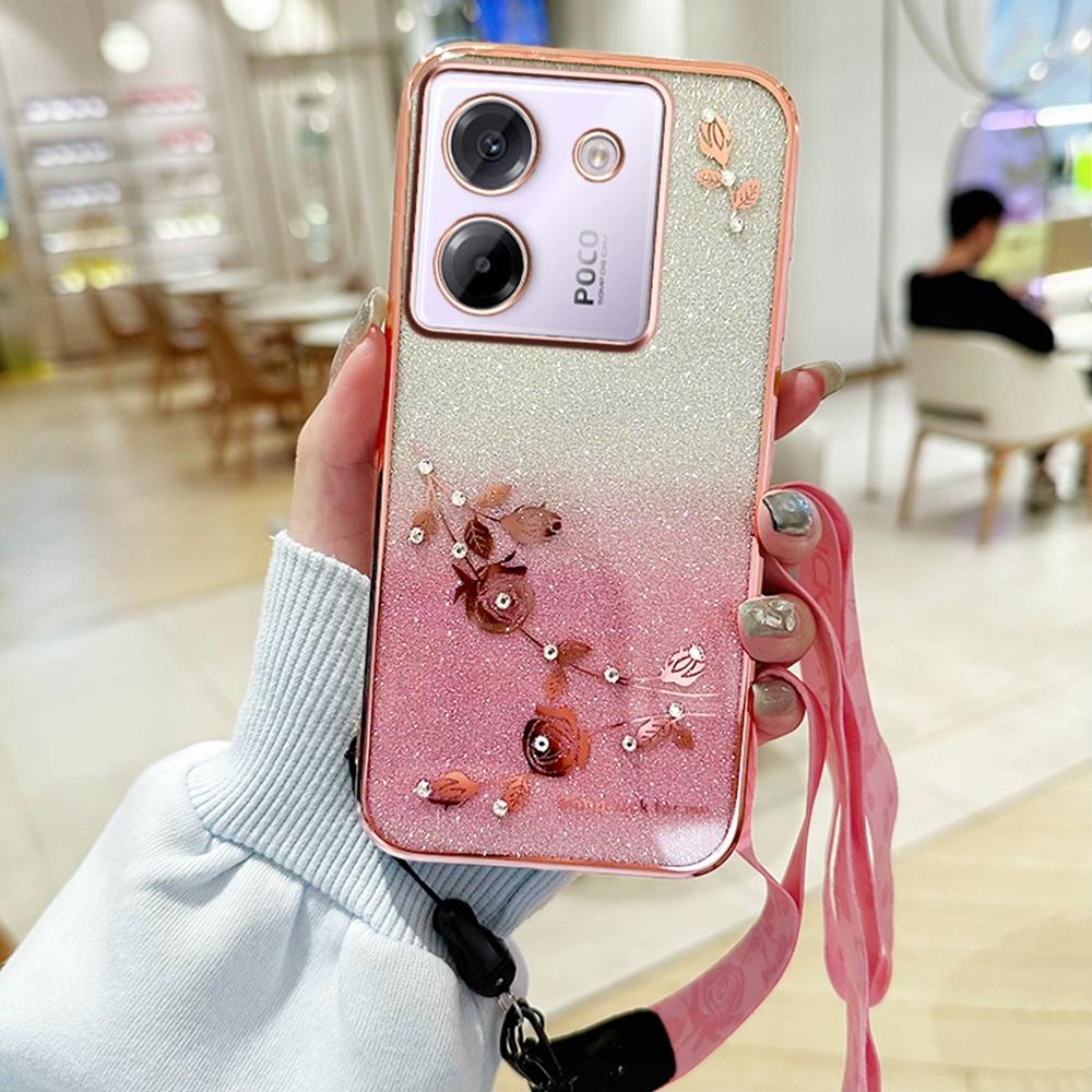 KADEM For Xiaomi Poco M7 Pro 5G Etui Blomstermønster TPU Gradient Telefondeksel med Lanyards