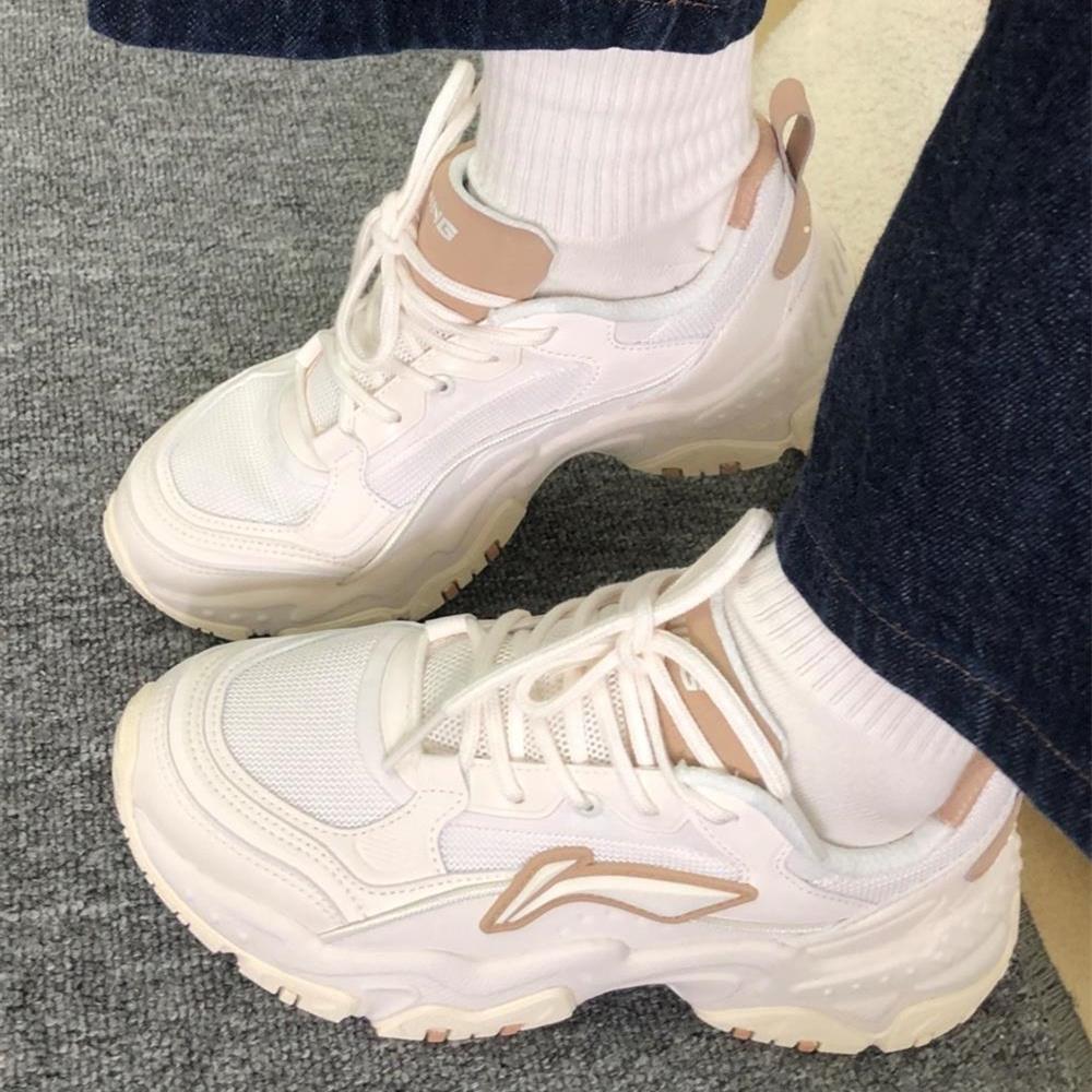 Li Ning Cushioning Slip Resistant Abrasion Resistant Breathable Lightweight Low Top Chunky Sneakers Women's White AGCT424-1