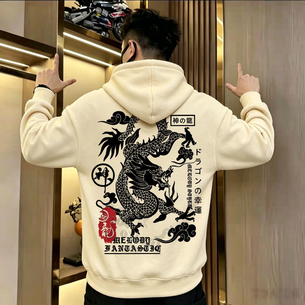 The men's Y2K style hooded sweatshirt with dragon and cloud patterns is perfect for daily commuting and casual wear.