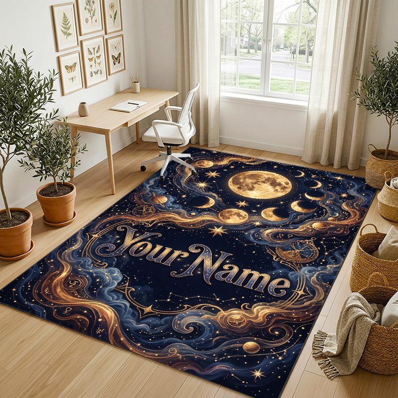 Celestial Cat Theme Soft Crystal Velvet Rug Custom Name & Text Print Non Slip Floor Rug for Bedroom Living Room