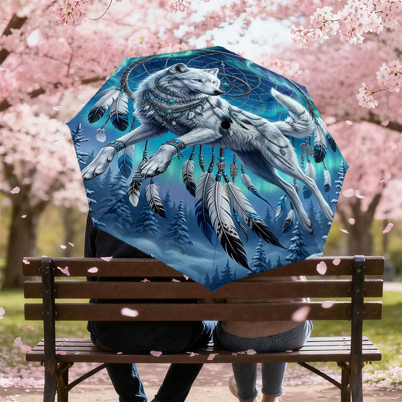 1PC Wolf Dreamcatcher Umbrella-8-Rib Reinforced, Automatic Open, Lightweight & Durable, Fashion Accessory for Outdoor, J0396