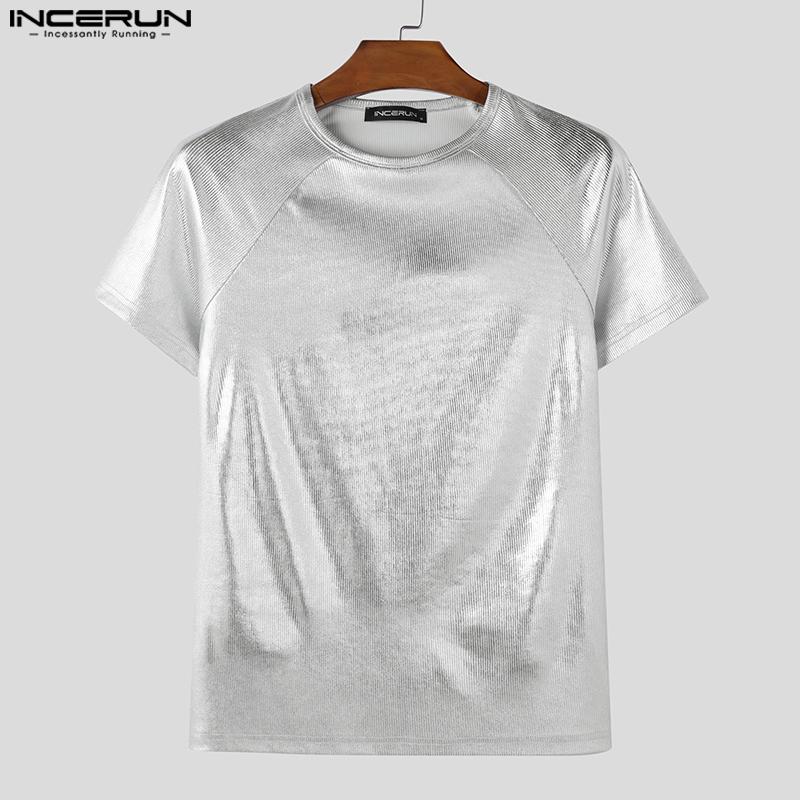 INCERUN Summer Men O Neck Short Sleeve Glitter Casual Fitted T-shirts Tops