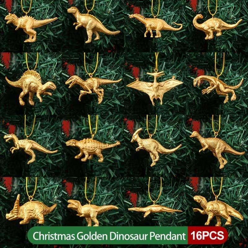 

16 Mini Golden Dinosaur Ornaments Christmas Tree Hanging Party Decor for DIY New Year Home Festive Celebrations Decorations