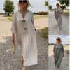 Women's Summer Cotton Linen Maxi Dress V Neck Long Sleeve Loose Fit Solid Color Casual Daily Vacation Dress