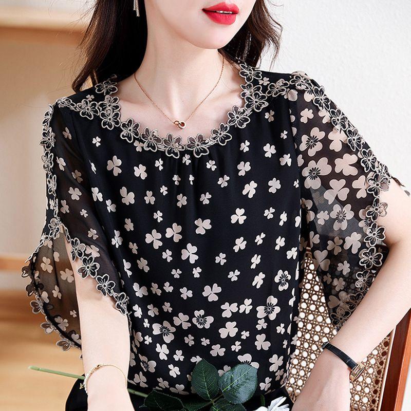 Donne Estate Elegante Larga Temperamento Stampa Lavorato a Maglia Scollo O Manica Corta Chiffon Camicia Signora Casual Versatile Tendenze Top