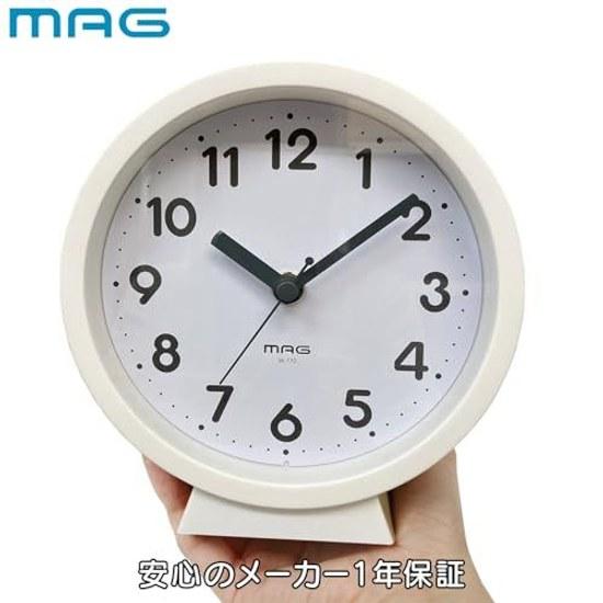 MAG Small Compact Wall Clock Table Stand Analog Cute Stylish Interior Woody Wood Grain Silent Continuous Second Hand Diameter 15.0 cm White Comport