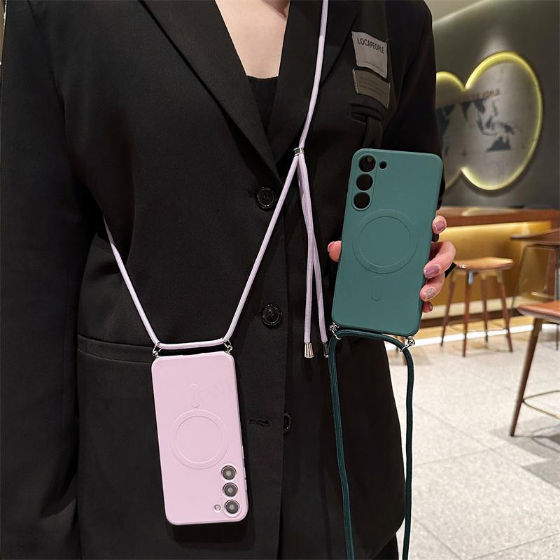 Crossbody Lanyard Liquid Magnetic Case For Iphone 14 13 12 11 X XR XS Max 7 8 SE 2020/Samsung Galaxy S23 S22 Ultra Magsafe Silicone Soft Back Cover