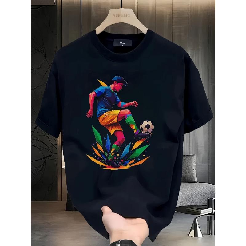 European Size Men's 180g Heavyweight Pure Cotton T-Shirt - Breathable Soccer Graphic Print Round Neck Casual Streetwear Tee