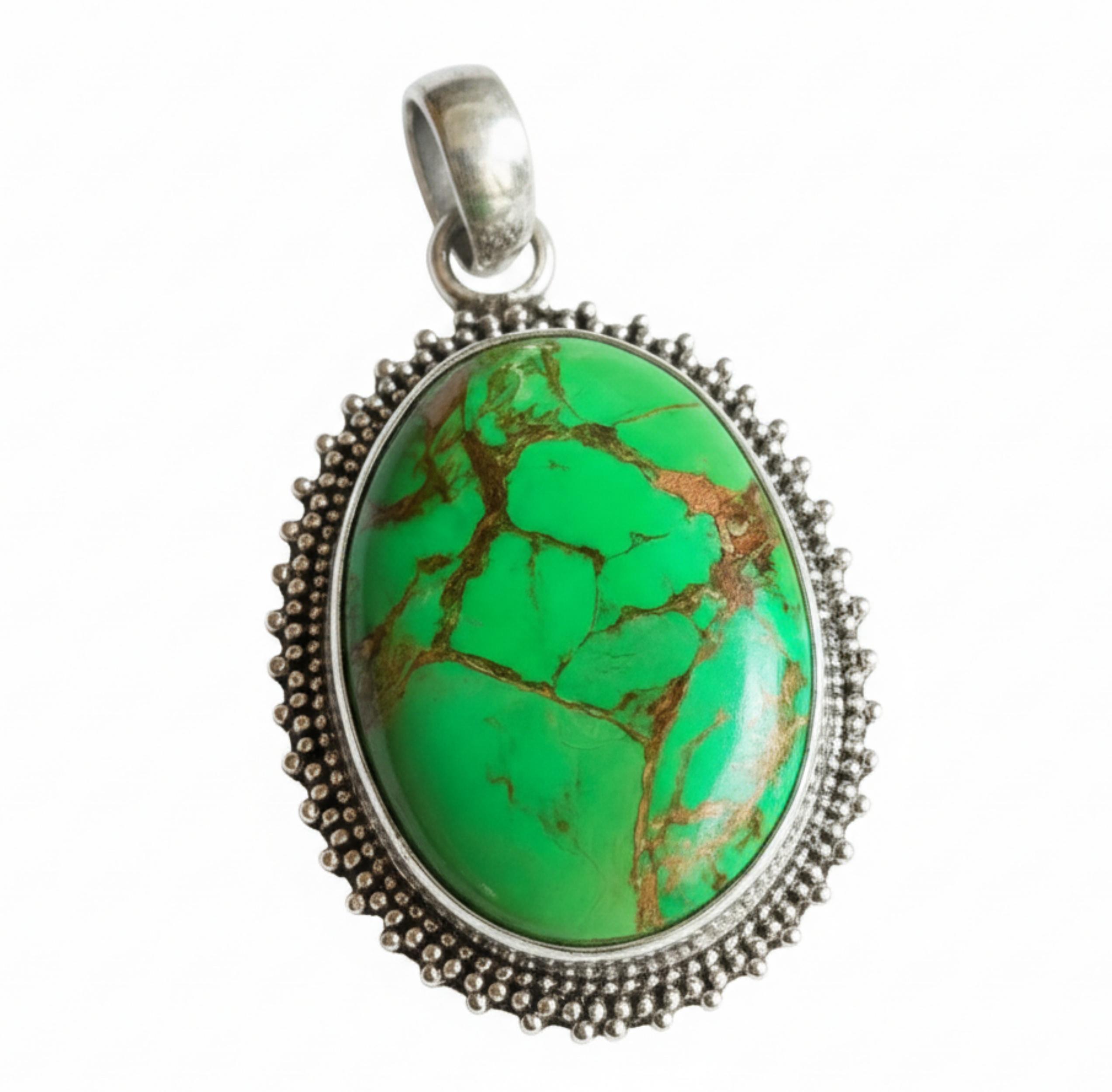 

Green Copper Turquoise Pendant, 925 Solid Sterling Silver, Oval Shape Gemstone Necklace Pendant серебряный