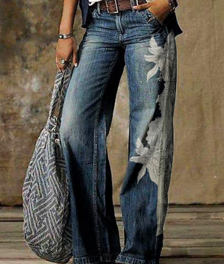 Europäische und amerikanische Übergröße Damen Casual Weitbein Imitationsjeans