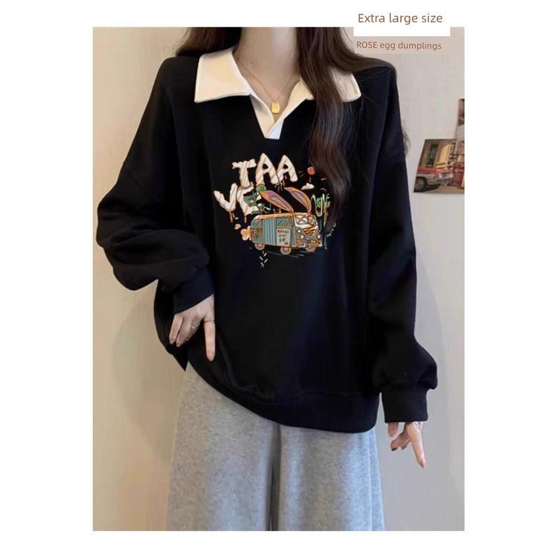 

150.00kg Extra Large Size Contrast Color Polo Collar Sweatshirt Female 100.00kg Fat Sister plus Size Half-Open Collar Coat Top Black Taa Car XL