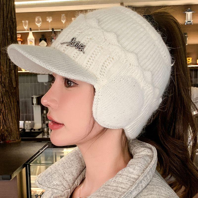Autumn Winter Knitted Wool Hat - Thickened Warm Visor Cap, Outdoor Cycling Ear Protection, Women's Empty Top Baseball Cap