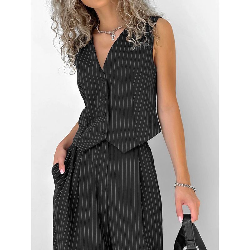 European and American Women Set Stripe V-neck Sleeveless Top Fashion Trousers 2025 Summer Casual