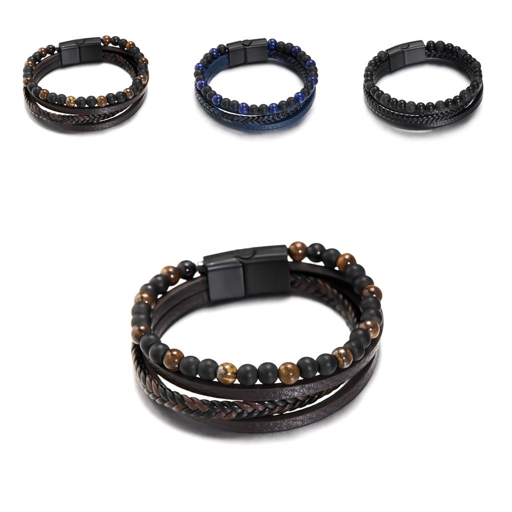 Geometric Style Mens Weaving Leather Wristband With Bead Design For Fashion And Travel