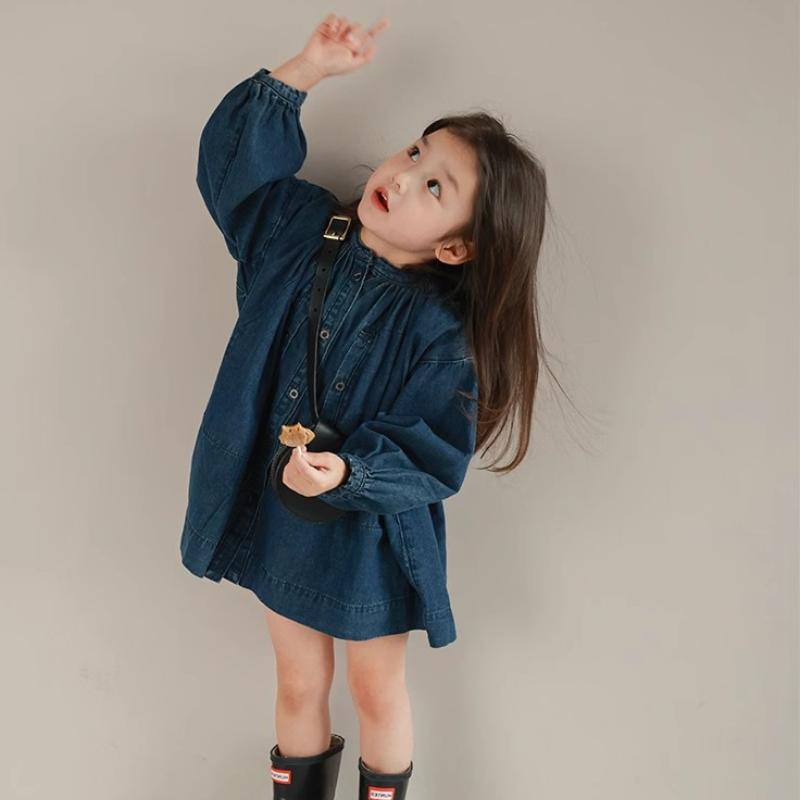 Girls Long Sleeve Dress Solid Color Denim Dress Children Spring Autumn Loose Casual Buttons Tops Dresses for Kids
