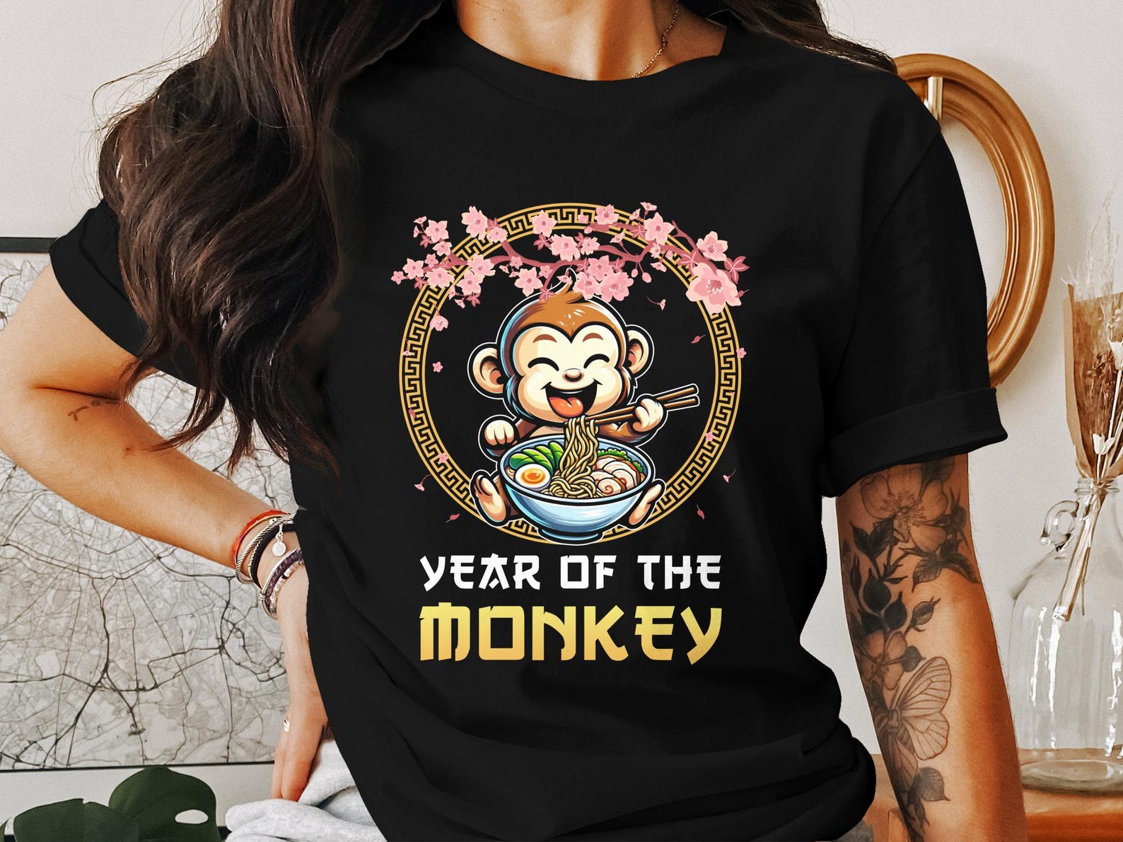 Chinese New Year Monkey T-Shirt, Lunar New Year Apparel, Cute Monkey Eating Noodles Tee, Chinese Zodiac Clothes XL