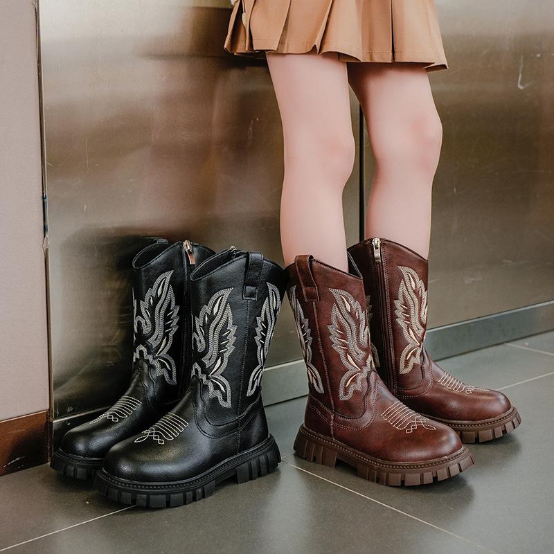 Girls' Boots for Autumn and Winter New Children's High Boots Mid Size Children's Retro Embroidered Knight Boots Girls' Long Boots