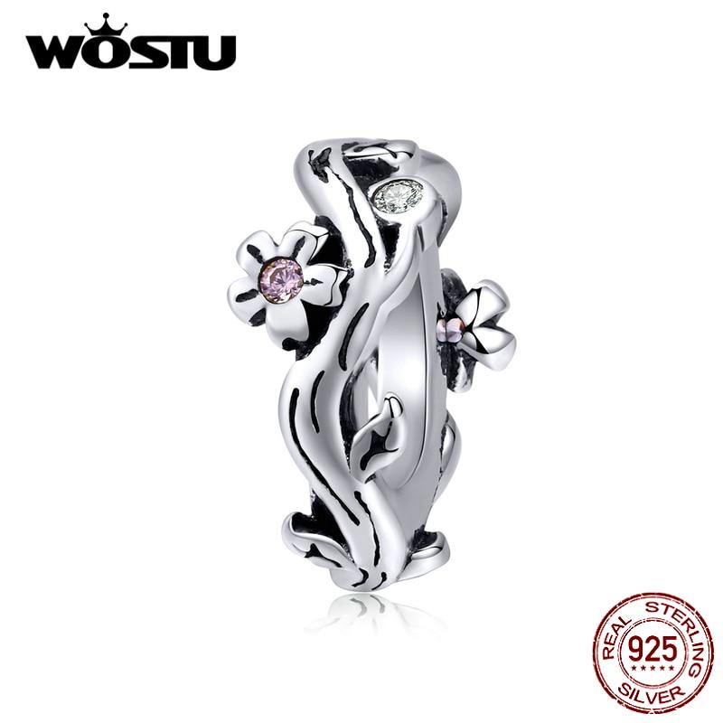 

WOSTU Стерлингового Серебра 925 Ветки Сакуры Бусины Цветок Винтаж Подвески Подходит Оригинальный Браслет Подвеска 925 silver