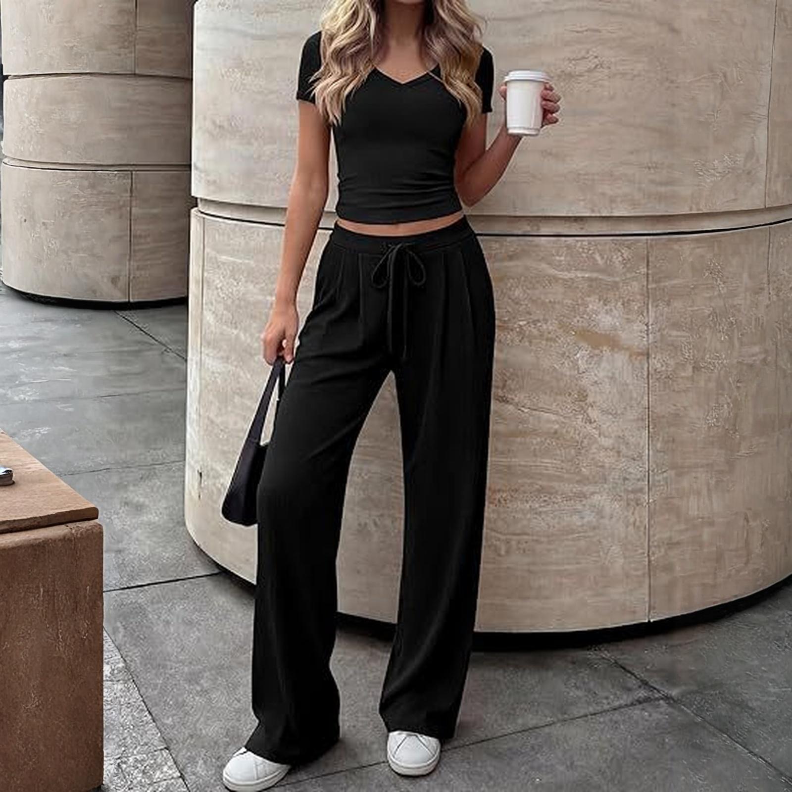 

Women s Casual Elegant V-neck Casual Top And Pants Two-Piece Set S