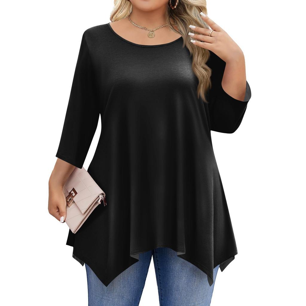 Womens Plus Size 3/4 Sleeve Shirts  Round Neck Tunic Tops Basic Loose Fit Tee Tops L-5XL