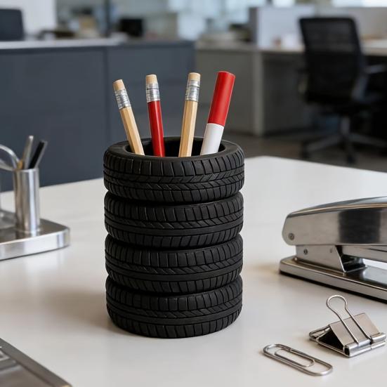 Portabolígrafos de Neumático Creativo Forma de Neumático Gran Capacidad Organizador de Escritorio para Bolígrafos Tijeras Clips de Papel Base Estable Antideslizante Decoración de Oficina