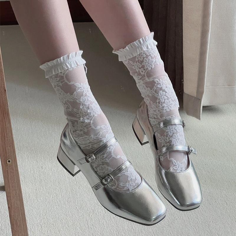 Sheepskin Version~ Silver One-word Buckle Light Mouth Square Head Genuine Leather Mary Jane Women's Shoes Thick Heel Single Shoes