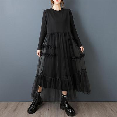 Long Sleeve Plus Size Black Mesh Vintage  New In Dresses for Women Casual Loose Spring Autumn Dress