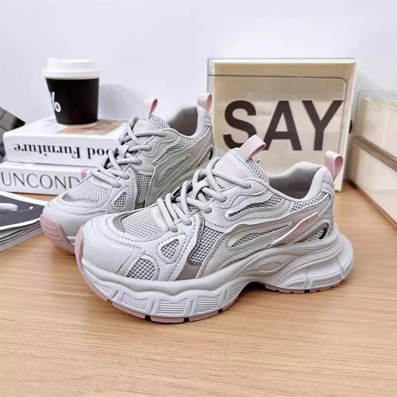 Platform Dad Shoes Women's Spring New Versatile Round Head Leather Mesh Sports and Leisure Shoes