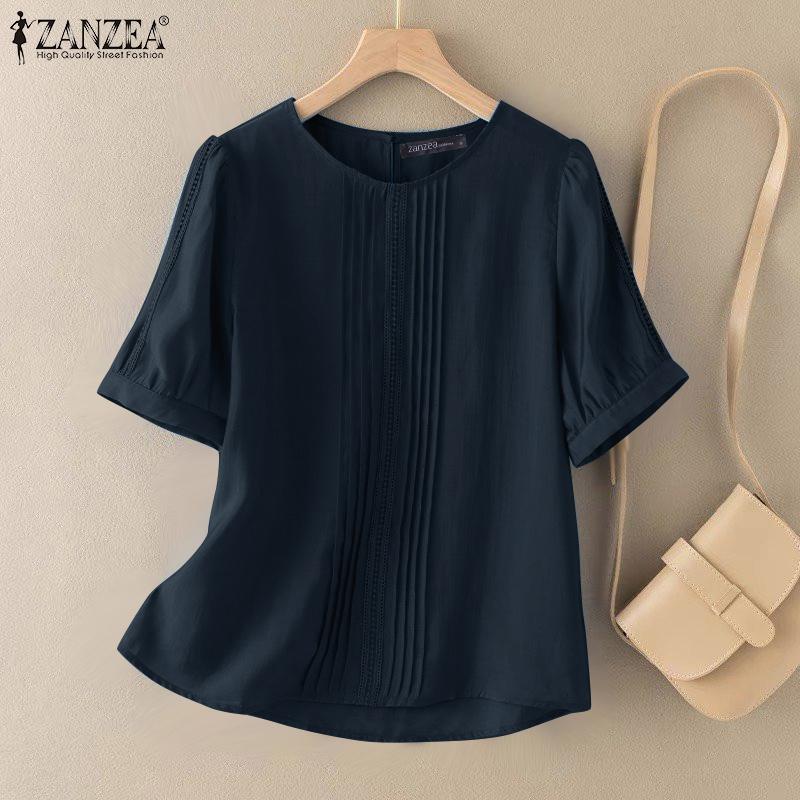 ZANZEA Damen Sommer Rundhals Kurzarm Freizeitbluse