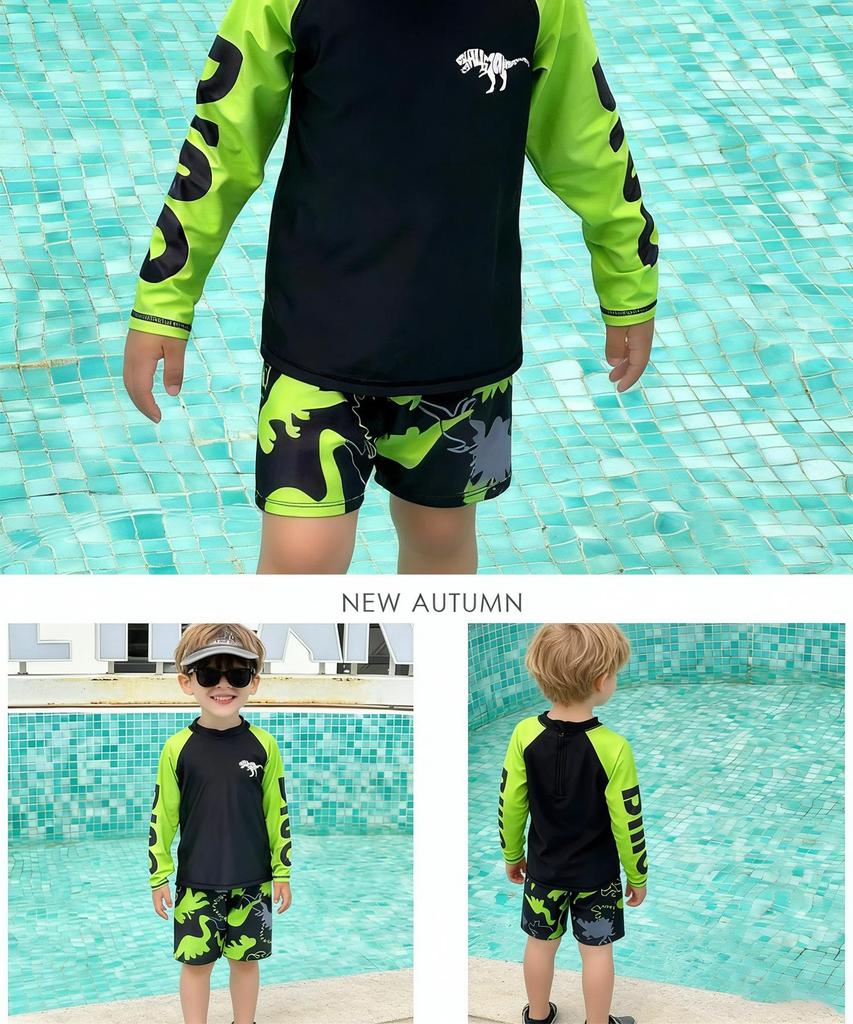 2026 Boys' Two-Piece Dinosaur Swimsuit Set – Long Sleeve, Sun-Protective, Breathable, Quick-Dry