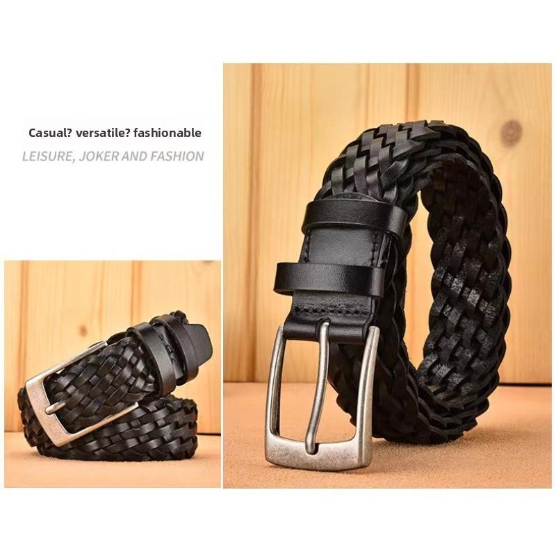 Meimeier Handmade woven leather belt - men's genuine top grain cowhide casual retro pin buckle belt