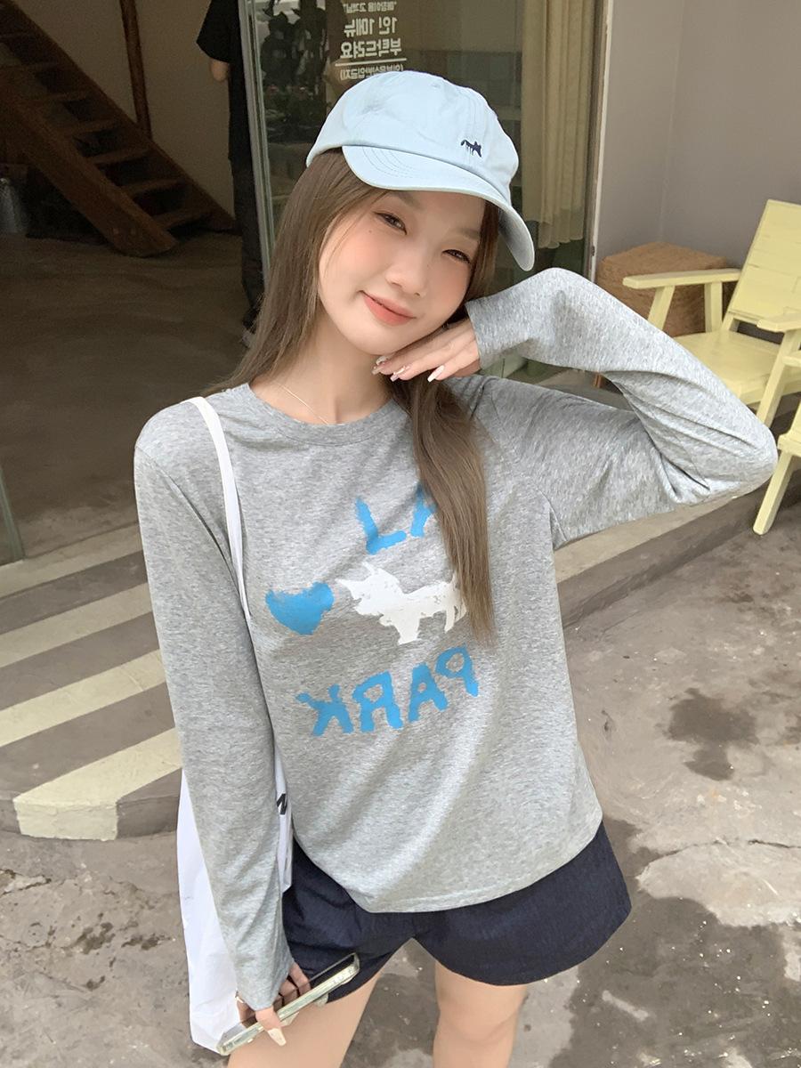 

Pure desire letter love round neck design long-sleeved T-shirt women s summer new printed loose lazy top L сірий колір
