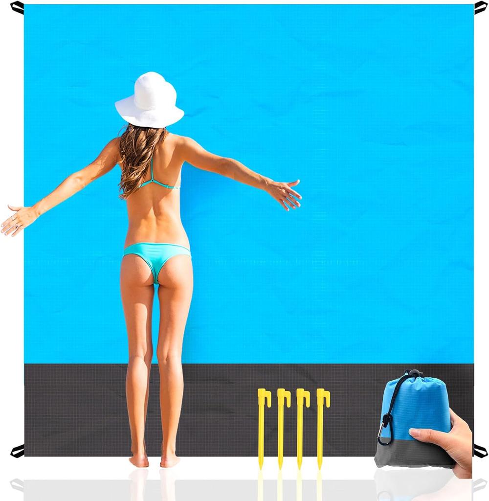 Multiple Sizes Beach Blanket Sandproof Waterproof Large Quick Drying Outdoor Picnic Mat with 4 Stakes for Travel Camping Hiking
