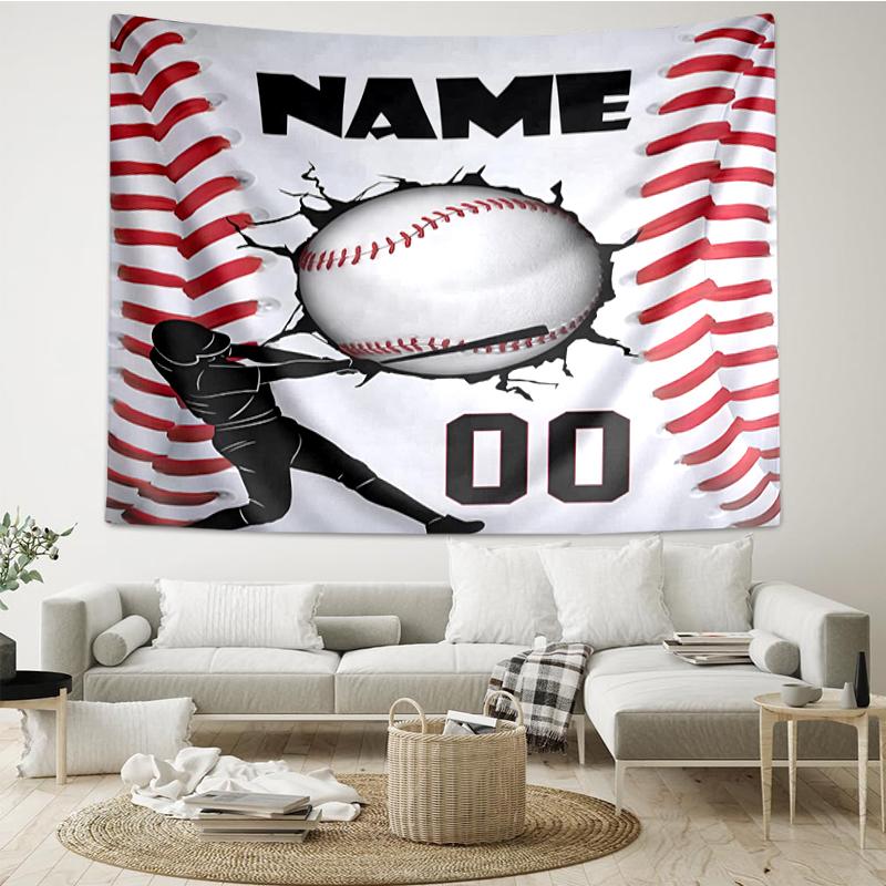 Custom Name Baseball Print Tapestry, Backdrop, Easy Setup, Ideal for Bedroom, Office & Living Room, with Aesthetic Wall Hanging Decor.