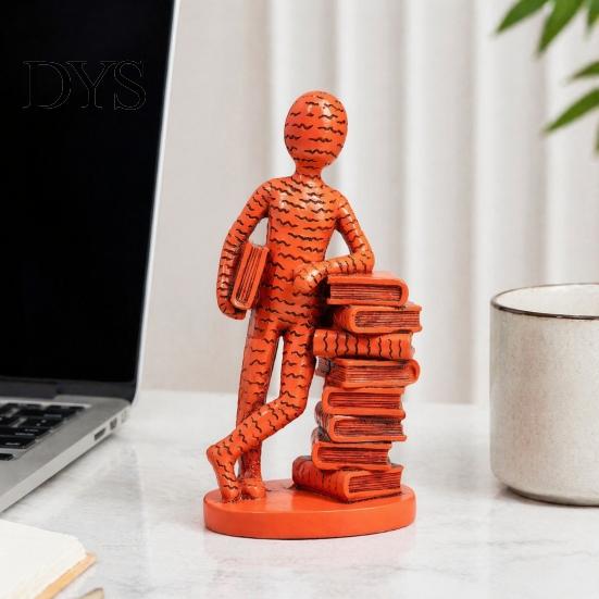 Abstract Human Sculpture for Bookshelf Resin Book Lover Statue, Reader Leaning On Stacked Book, Retro Style Bookish Home Decor Decorative Figurine