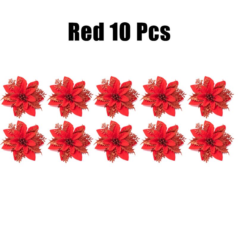 10/30/50PCS Glitter Christmas Flowers Fake Flower Tree Decorations 2026 Home Tree Pendant Ornaments Navidad New Year Gift