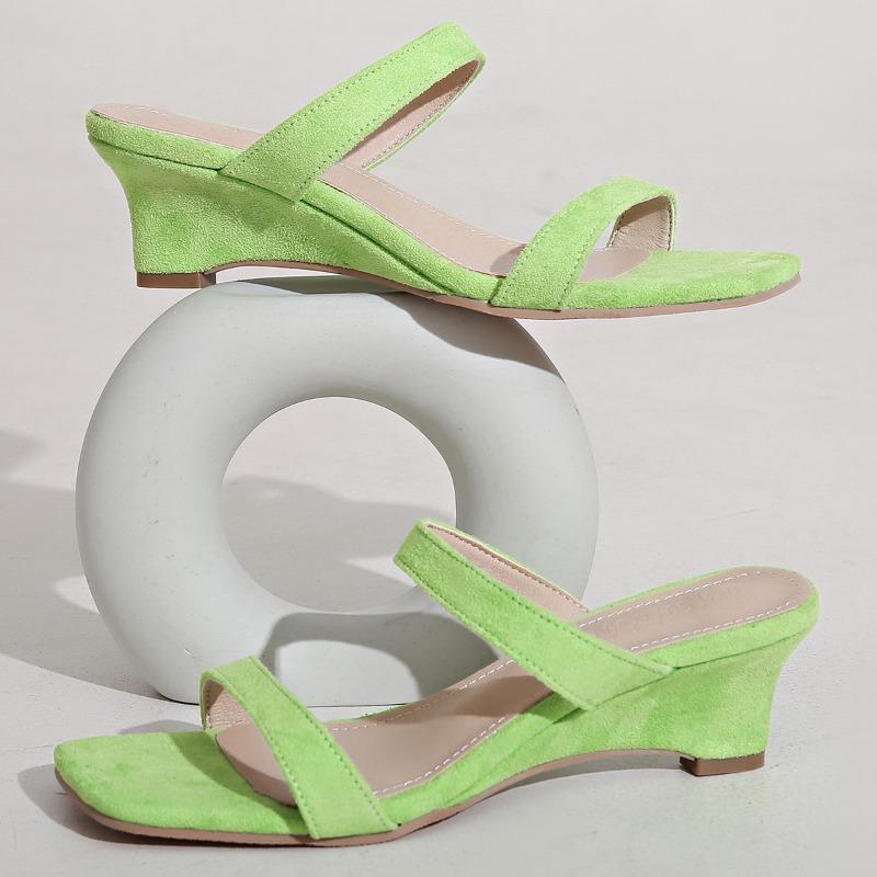 Mode Keilabsatz Sandalen Sommer Neu Quadratische Zehenpartie Offene Zehen Wildleder Feine Riemchen Set Fuß Rutschfest Abriebfest Hausschuhe