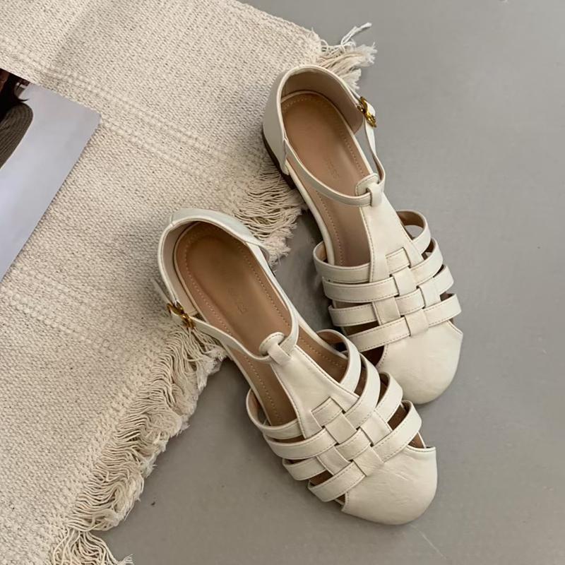 Fashion SUOJIALUN 2025 Autumn Women Flat Sandal Shoes New Brand Hollow Out Close Toe Ladies Dress Slingback Shoes Flat Heel Dress Slide