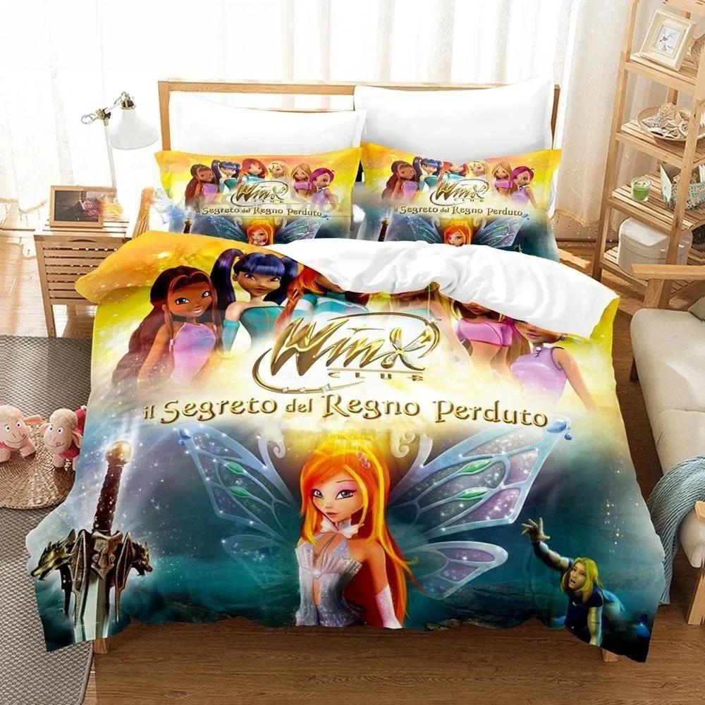 Anime W-Winx Club Bettbezug Kissenbezug Kindergeschenk Bettwäsche-Set für Erwachsene Jungen Mädchen Schlafzimmerdekoration Einzel Doppel Groß