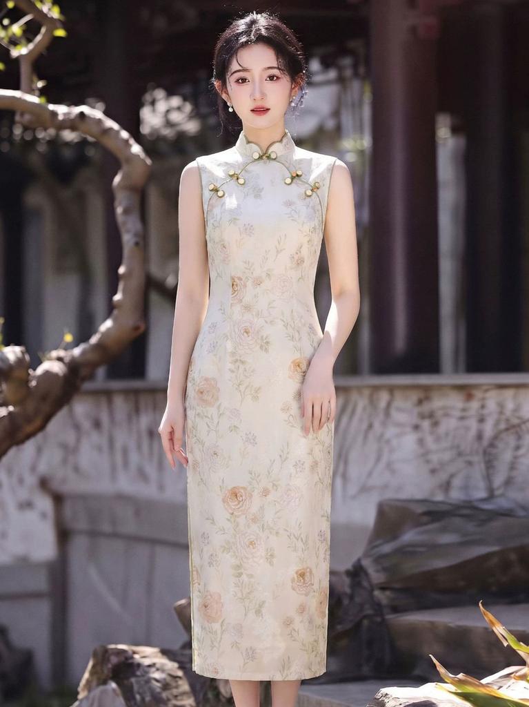 Retro small fresh and elegant cheongsam 1011 new improved women's summer slim national style sleeveless medium and long dress