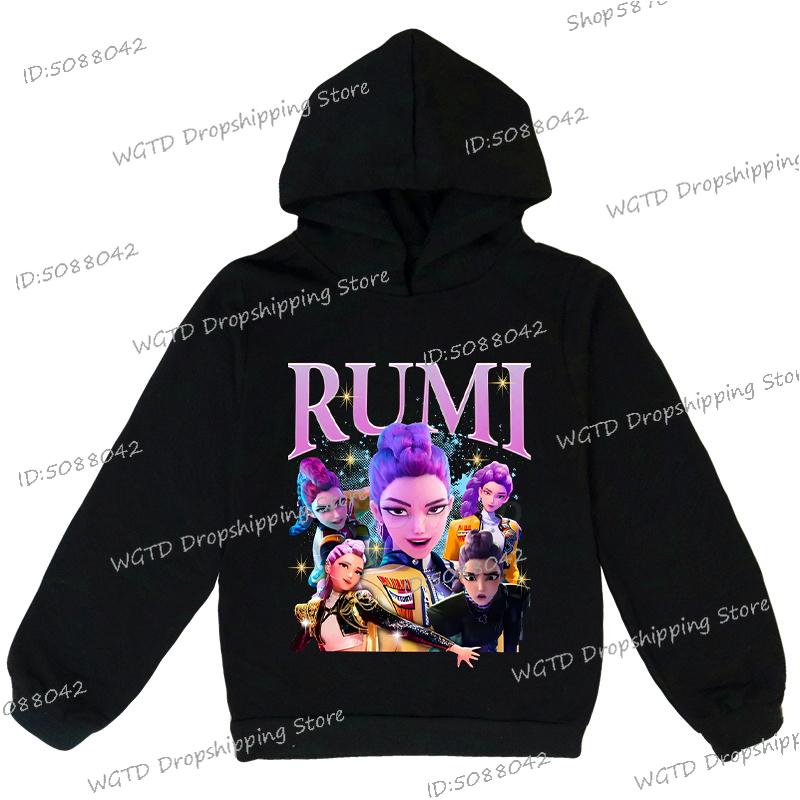 KPop Lovci démonů Rumi Potisk Mikiny pro Dospívající Dívky Chlapce Ležérní Mikina s Kapucí a Dlouhým Rukávem Hip Hop Korejská Anime Mikina Y2K Dětská Mikina