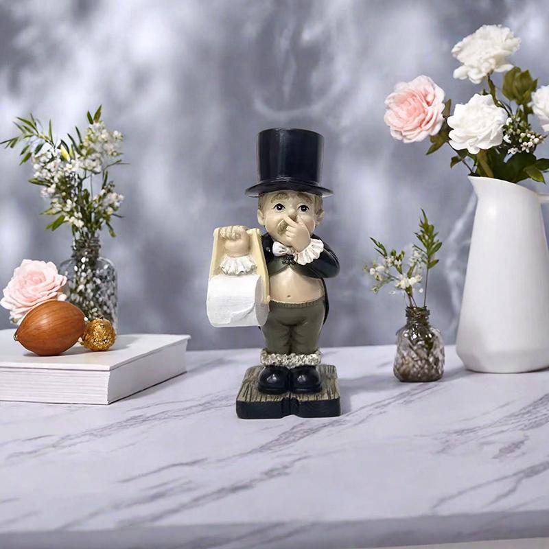 Humorvoller Taschentuchhalter Figur, Skurrile Jungenstatue in spielerischer Haltung, Kreative Schreibtisch- oder Regaldekoration für Wohnheim, Zuhause