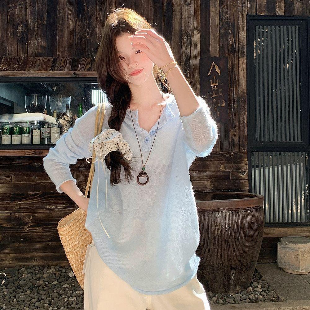 

Ленивый стиль однотонный цвет слегка прозрачный длинный рукав трикотажная рубашка для женщин летний свободный солнцезащитный чехол топ L синий