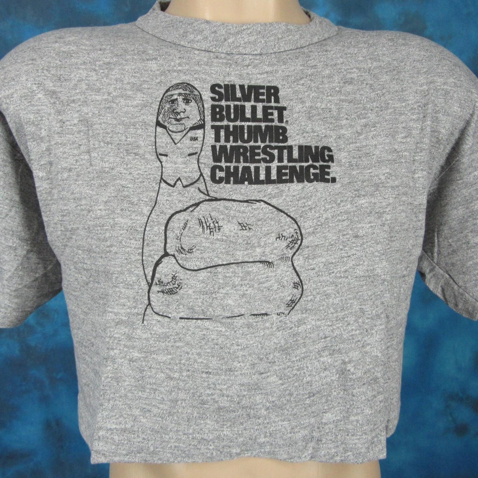 

NOS vtg 80s COORS SILVER BULLET THUMB WRESTLING BELLY PAPER THIN T-Shirt M beer S