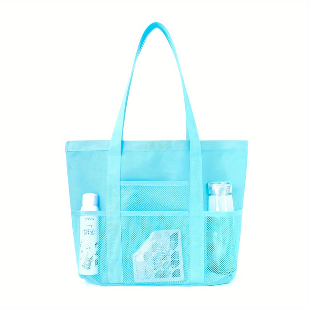 

Сетчатая пляжная сумка большой вместимости, несколько карманов, складная, легкая, на плечо, для отдыха, для плавания, дорожная, для хранения, несессер небесный синий