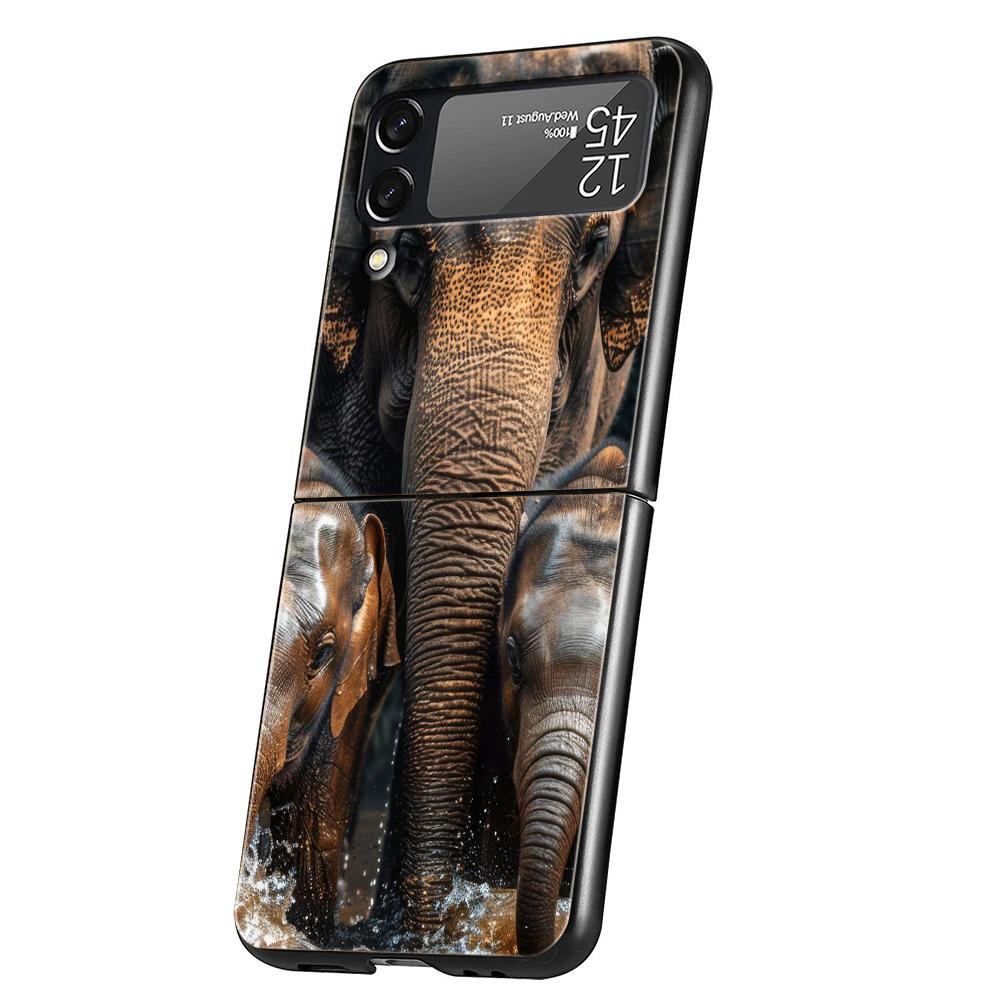 Hard PC Phone Case For Samsung Galaxy Z Flip 7 6 5 4 Black Cover For Galaxy Z Flip 3 Foldable Shockproof Capas Animal Elephant